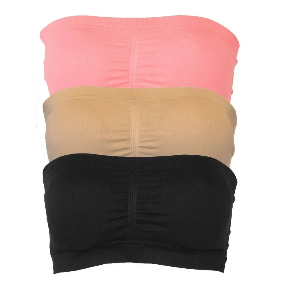 3pcs SET Strapless Bandeau Padded Tube Top Bra Stretch Non-slip Tan Nude